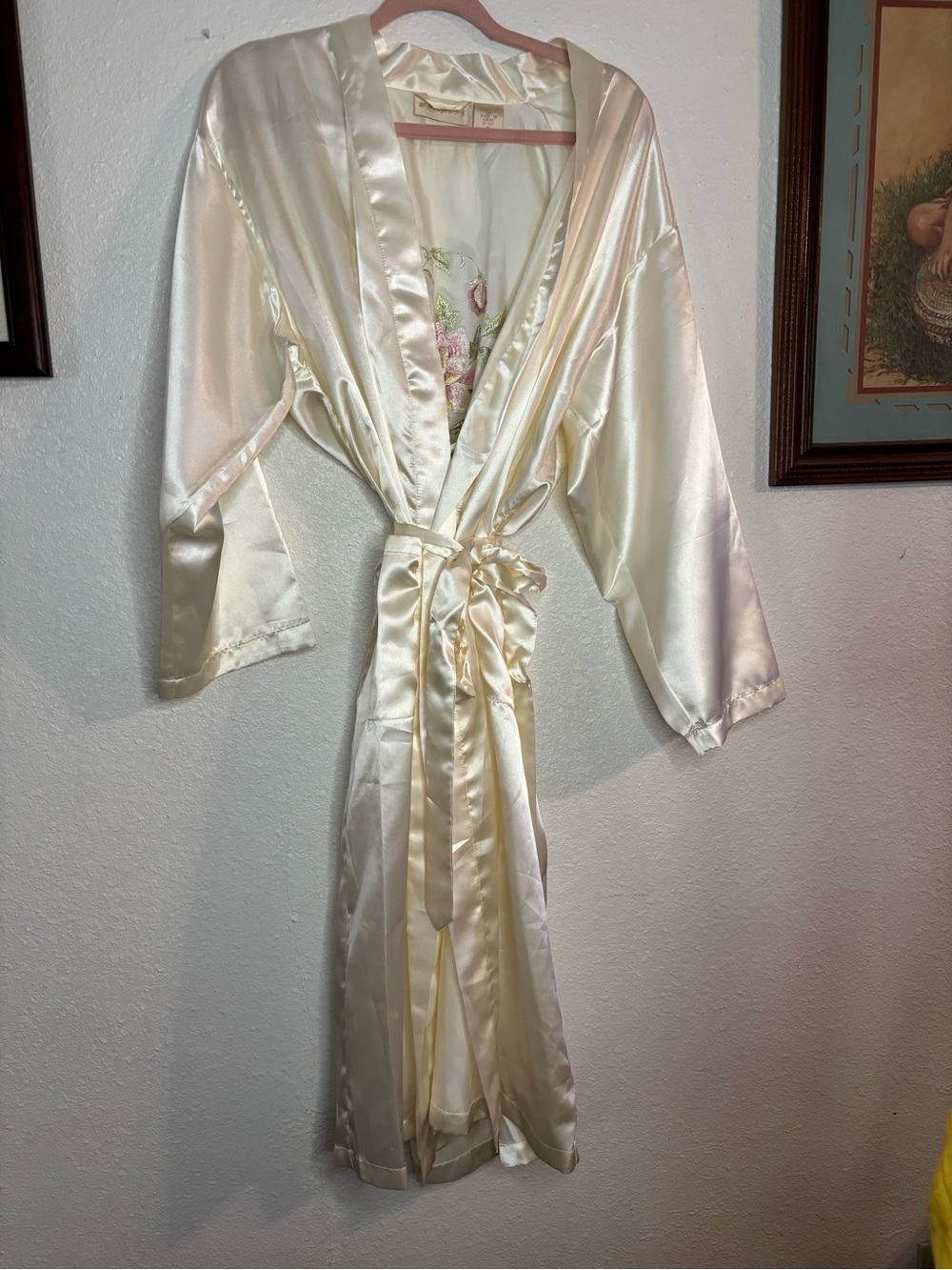 Silky Cream Satin Kimono Robe with Tie Waist